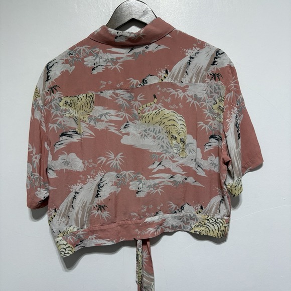 AllSaints Blouse Womens L Pink Leni Borneo Tie Front Tropical Tiger Short Sleeve - Picture 7 of 10